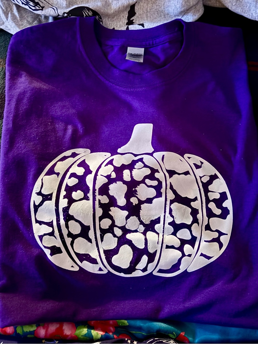 Gildan Purple Tee with White Pumpkin Graphic